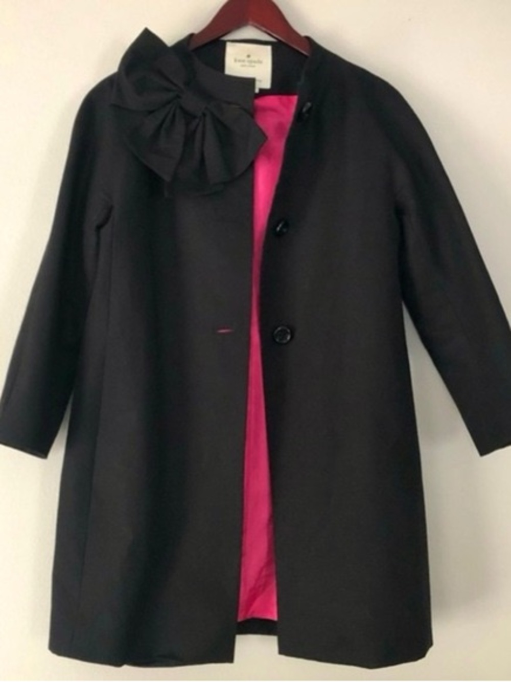 kate spade Black bow Coat jacket with Pink Lining and Bow Collar